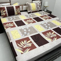 Pure Decor White & Beige Floral Queen Bedsheet with 2 Pillow Covers-image-54