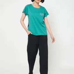 Clovia Teal Cotton Relaxed Fit Printed Pyjama Sets image 3