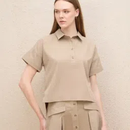 Iconic Beige Solid Stitch Line Details Style Top-image-64