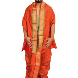 Exotic India Men Ready to Wear Dhoti and Veshti Set with Woven Golden Border-picture-21