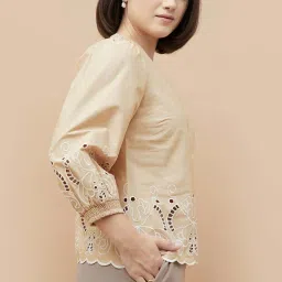 Code By Lifestyle Light Beige Cotton Regular Fit Embroidered Top image 3