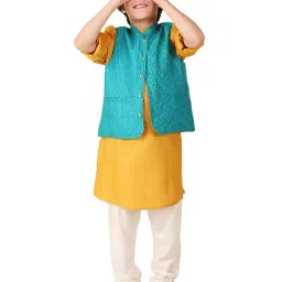 Fabindia Kids Teal Printed Nehru Jacket image 5