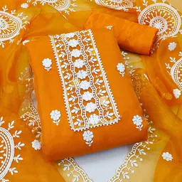 HERE&NOW Floral Embroidered Thread Work Organza Unstitched Dress Material-picture-18