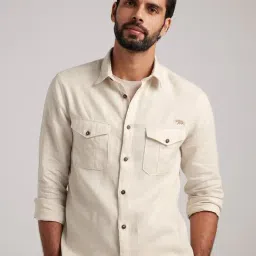 ANDAMEN Beige Regular Fit Linen Shirt-image-30