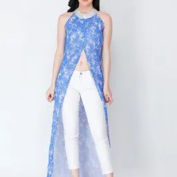 Scorpius Blue & White Floral Print Long Top-image-5