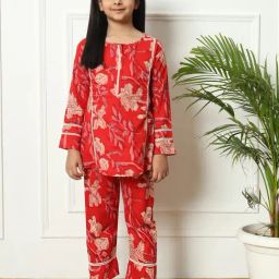 READIPRINT FASHIONS Kids Red Printed Full Sleeves Kurti with Pants-image-42