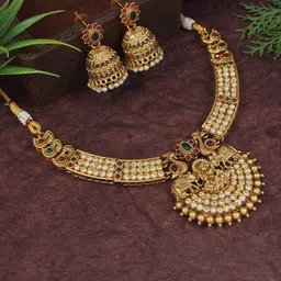 House of Pataudi Gold-Plated Kundan-Studded & Pearls Beaded Temple Jewellery Set-image-26