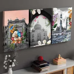 Art Street Multicolor Engineered Wood Stretched Painting Taj Mahal & Char Minar Art - Set of 3-picture-31
