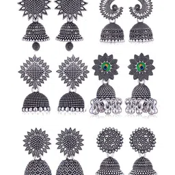 Sangria Set Of 6 Silver Plated Oxidized Jhumka Earrings-image-94