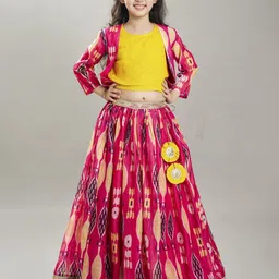 Bitiya by Bhama Girls Ikat Digital Printed Ready to Wear Lehenga & Blouse with Jacket-picture-18