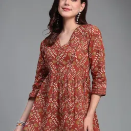 QOMN Burnt Orange Cotton Floral Print A Line Short Kurti-image-17
