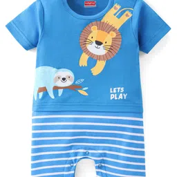 Babyhug 100% Cotton Knit Half Sleeves Romper Lion Print - Blue-picture-18