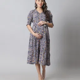 Moms Maternity Half Sleeves Seamless Floral Swirl Printed Maternity Dress With Concealed Zipper Nursing Access - Navy Blue-picture-10