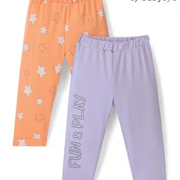 Babyoye 100% Cotton with Eco Jiva Finish Full Length Stars Printed Lounge Pants Pack of 2 - Orange & Purple-picture-12