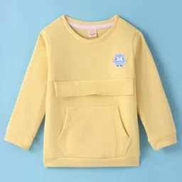 Olio Kids Cotton Knit Full Sleeves Winter T-Shirt with Kangaroo Pockets & Owl Patch - Lemon Yellow-picture-18