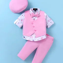 Robo Fry Lycra KnitHalf Sleeves Printed 3 Piece Party Suit with Cap & Bow - Pink-picture-17