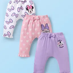 Babyhug Disney Interlock Knit Full Length Diaper Leggings With Minnie Mouse Graphics & Bow Detailing Pack Of 3 - Purple Pink & White image 1