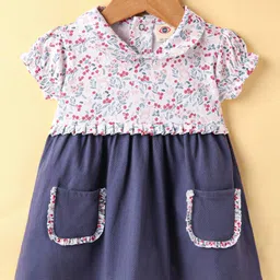 Zero Sinker Knit Half Sleeves Frock With Floral Print & Peter Pan Collar - Navy Blue & White-picture-17