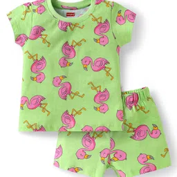 Babyhug CottonKnitHalf Sleeves Shorts Night Suit with Flamingo Print - Green-picture-18