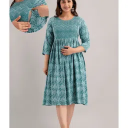 CeleBravo Rayon Three Fourth Sleeves Paisley Printed Maternity Dress With Nursing Access - Teal Blue-picture-24