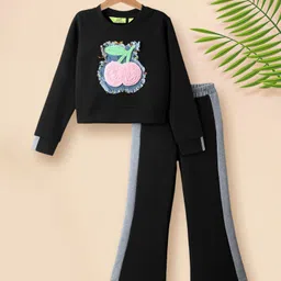 Tiara Interlock Knit Full Sleeves Cherries Patch Detailed Sweatshirt & Side Taped Bell Bottom Pant - Black-picture-12