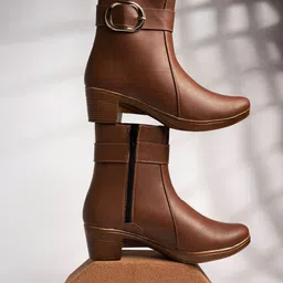 Shoetopia Buckle Applique Detailed Zipper Closure Boots - Tan-picture-11