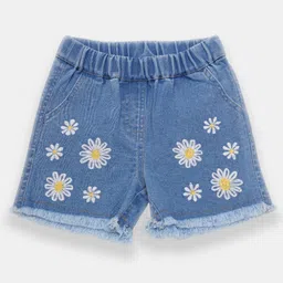Creative Kids Denim Cotton Floral Embroidered Frayed Shorts - Light Blue-picture-13