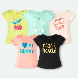 Ariel Cotton Knit Pack Of 5 Half Sleeves Typography Printed Tops - Yellow Green Orange & Black-picture-10
