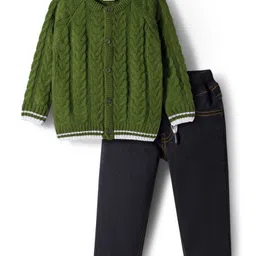 Babyhug Knit Full Raglan Sleeves Front Open Sweater & Pant Set with Cable Knit Design - Olive Green-image-13