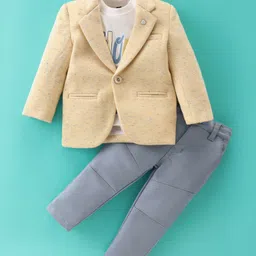 Dapper Dudes Full Sleeves Textured Blazer With Typography Printed Tee & Pant Set - Yellow-picture-32