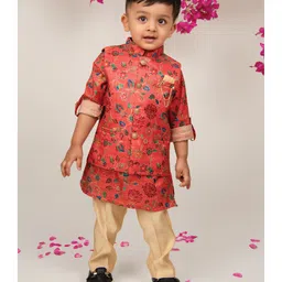 LITTLE COLLARS Silk Woven Full Sleeves Floral Printed Kurta Pyjama With Nehru Jacket & Brooch Set - Rust Orange-picture-25