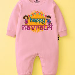The Peppy Tend 100% Cotton Knit Navratri Theme Full Sleeves Happy Navratri Text Printed Romper - Pink-picture-25