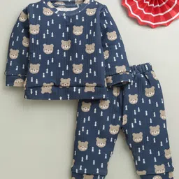 BUMZEE Knit Full Sleeves Bear Printed Tee & Pant Set - Navy Blue-picture-22