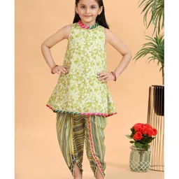MASTARANG Woven Sleeveless Floral Printed Lace Embellished High Neck Kurti With Dhoti Set - Green-picture-17
