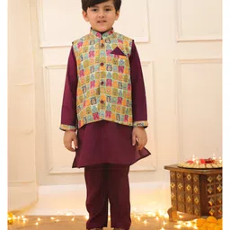KID1 Silk Woven Full Sleeves Solid Kurta Pyjama With Floral Printed Jacket Set - Purple & Multi Colour-picture-32