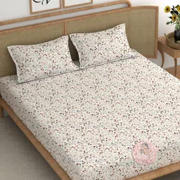 CHHAVI INDIA Cream And Pink Printed Microfiber 210 TC Queen Bedsheet Set 2.50m x 2.25m-image-0