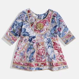 READIPRINT Three Fourth Sleeves Abstract Floral Motif Lace Embellished & Anarkali Style Printed Kurta Pajama Set - Blue image 3