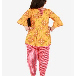 Superminis Three Fourth Sleeves Bandhej Kurti With Leheriya Dhoti Set - Orange image 3