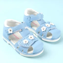 Cute Walk by Babyhug Slip On Sandals with Floral Appliques & Velcro Closure - Blue image 2
