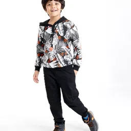 Ollington St. 100% Cotton Knit Full Sleeves Hooded Sweatshirt & Joggers Set with Leafy Print - Black image 2