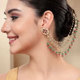 KARATCART Ethnic Gold-Plated Pink and Green Crystal Kundan Kaanchain Earrings for Women-picture-19