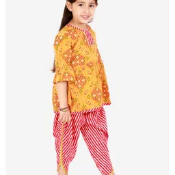 Superminis Three Fourth Sleeves Bandhej Kurti With Leheriya Dhoti Set - Orange image 4