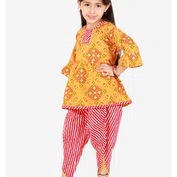 Superminis Three Fourth Sleeves Bandhej Kurti With Leheriya Dhoti Set - Orange image 5