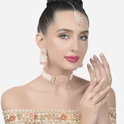 Zaveri Pearls Pink Green Meenakari Multistrand Choker Necklace Earring Maangtikka Ring Set-ZPFK15617-image-19
