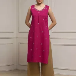 Biba Magenta Cotton Straight Fit Embroidered Kurta-image-93