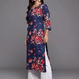 Varanga Blue Cotton Floral Print Straight Kurta image 3
