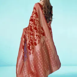 Satrani Red Woven Saree With Unstitched Blouse image 3