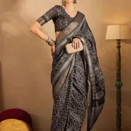 Saree Mall Black Printed Sarees With Unstitched Blouse-image-1