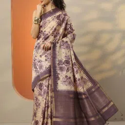 Libas Purple Floral Print Saree With Unstitched Blouse-image-50