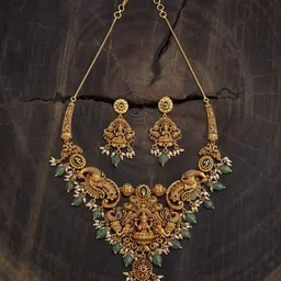 Kushal's Fashion Jewellery Green Gold-Plated Ruby Studded Ethnic Antique Jewellery Set-picture-58
